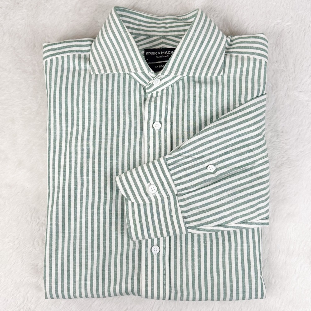 Spier & Mackay Handmade Shirt 15.5 33 Extra Slim Green Stripe Linen Cotton EUC